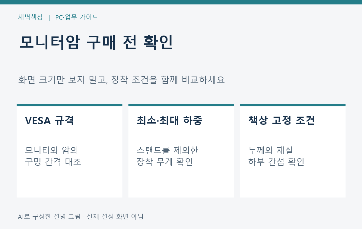모니터암 구매 전 VESA 하중 책상 조건 안내