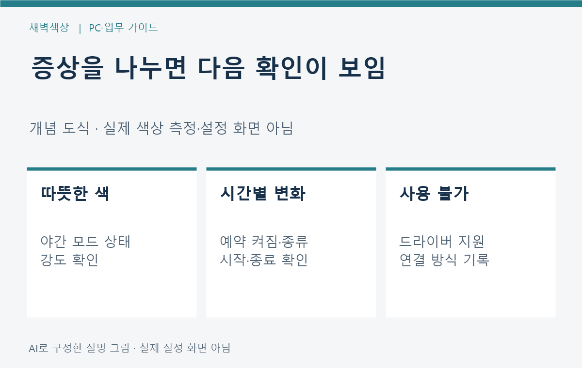 화면 색상 야간 모드 강도 예약 사용 불가를 나눠 확인하는 순서