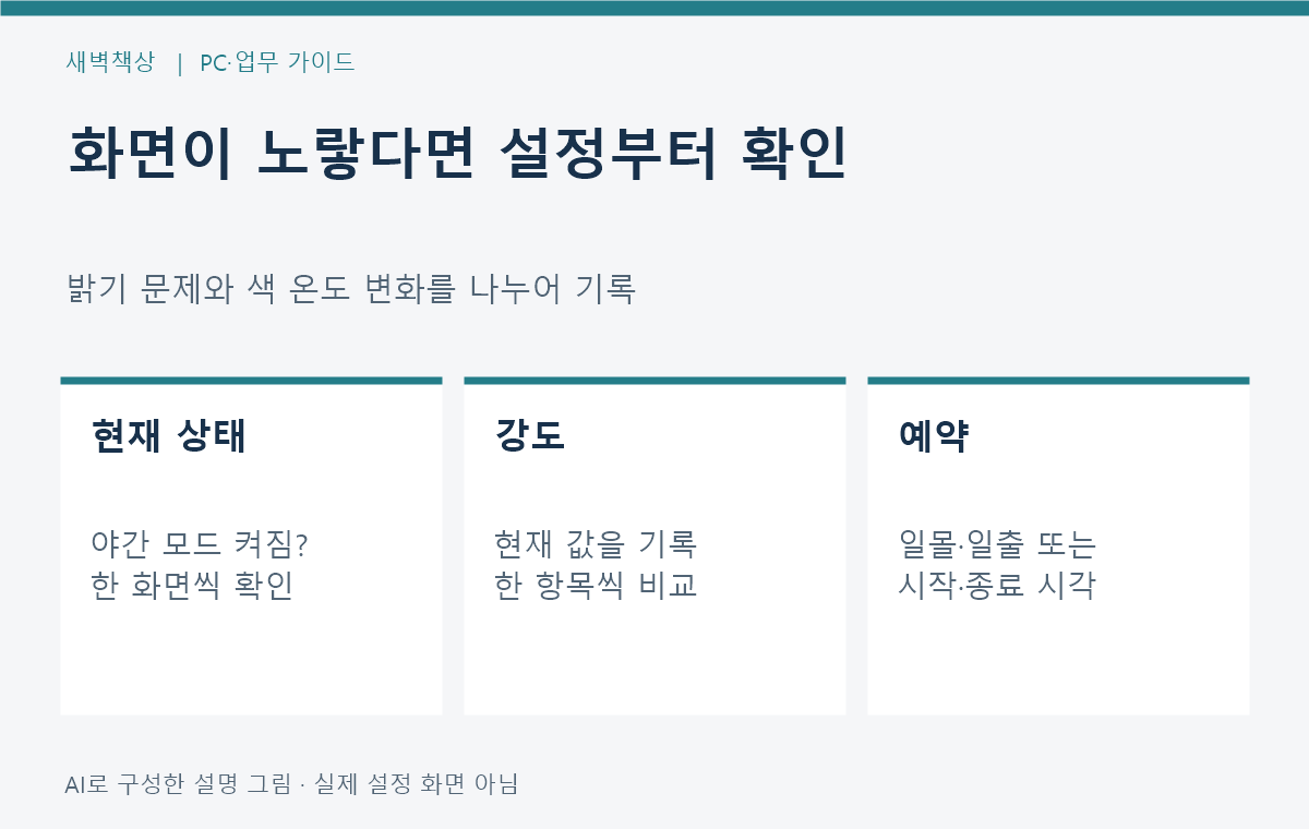 윈도우 11 화면이 노랗게 보일 때: 야간 모드 강도·예약 확인