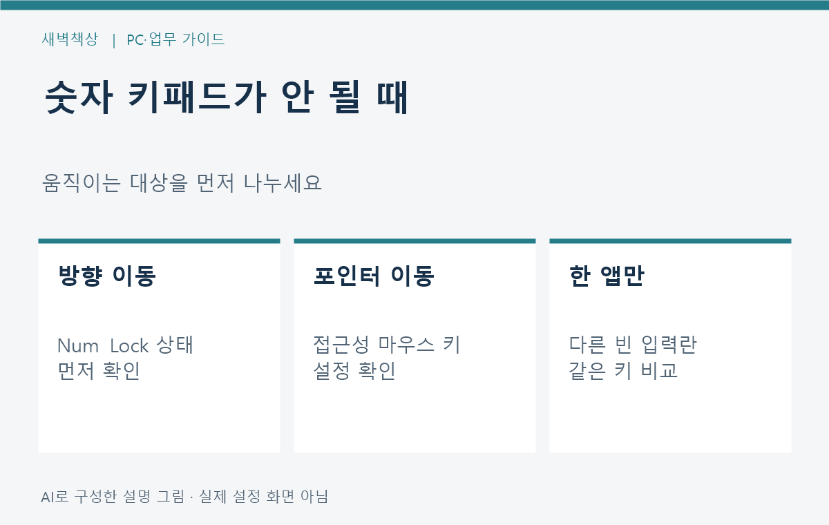 숫자 키패드 증상을 숫자 입력 방향 이동 포인터 이동으로 나누는 설명 그림