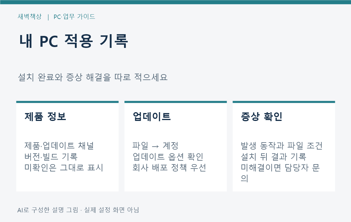 제품 업데이트 채널 버전 빌드와 설치 후 증상 결과를 나누는 기록