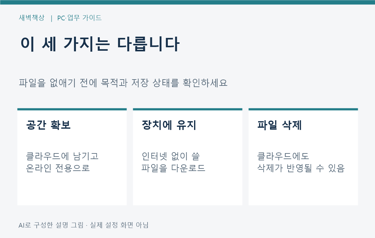 PC 공간 확보, 오프라인 사용, 파일 삭제를 구분하는 OneDrive 선택 안내