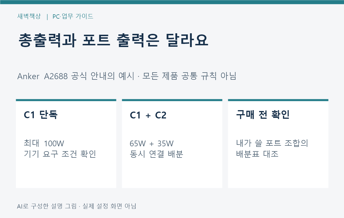 Anker A2688 예시에서 단일 포트 최대 100W와 두 USB-C 포트 사용 시 65W 및 35W 배분을 비교하는 그림