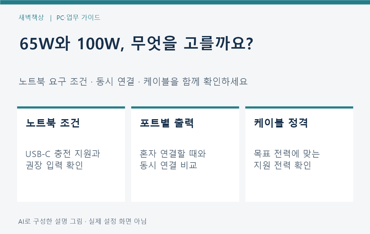 USB-C 충전기 65W와 100W 차이: 노트북·포트·케이블 확인법