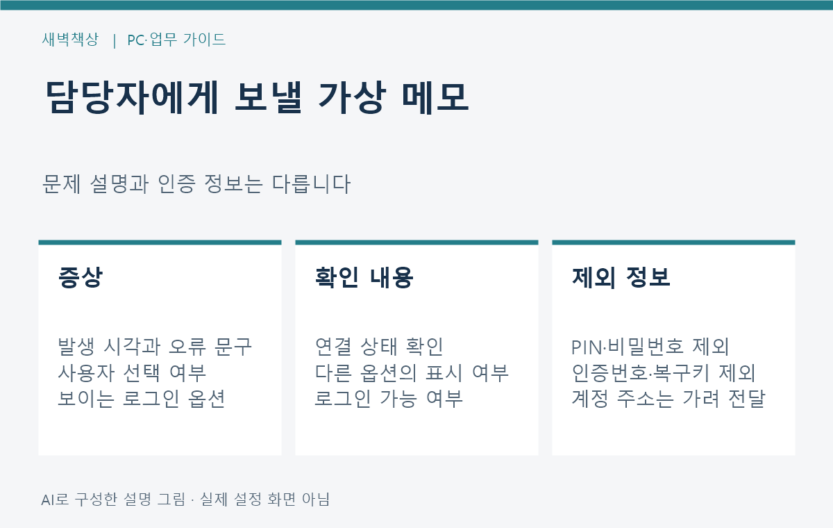 발생 시각·오류·로그인 옵션만 적고 PIN·비밀번호·인증번호·복구키는 제외하는 가상 문의 메모