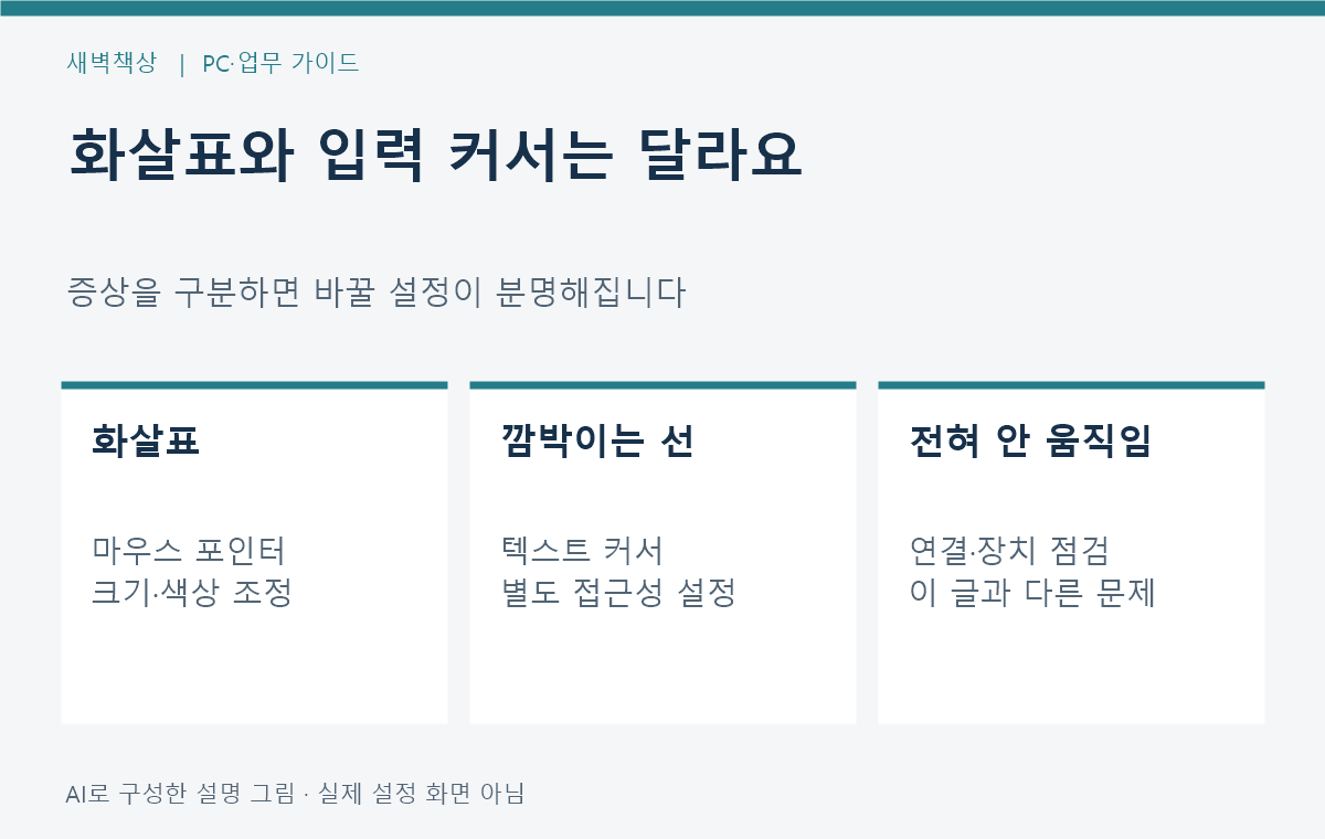 화살표 포인터와 텍스트 커서 및 움직이지 않는 장치 증상 구분