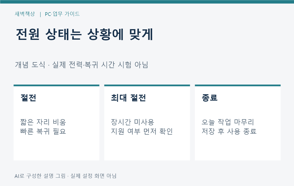 절전 최대 절전 종료를 짧은 휴식 장시간 미사용 작업 종료로 구분한 도식