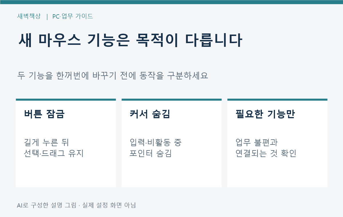 버튼 잠금과 커서 숨김의 동작 차이를 나타낸 설명