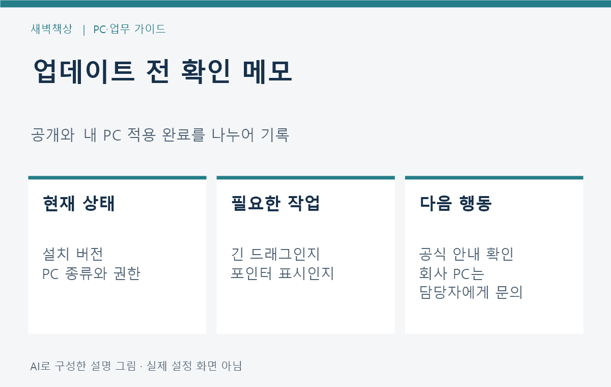 버전과 PC 조건 및 필요한 기능을 먼저 확인하는 업데이트 메모