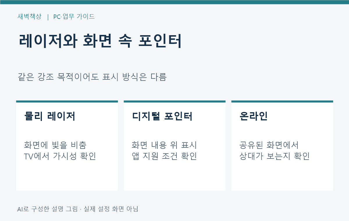 물리 레이저와 화면 속 디지털 포인터를 구분한 설명 그림