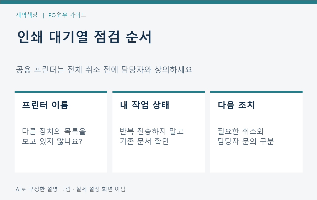 프린터 이름 확인, 내 대기 작업 확인, 필요한 취소와 담당자 문의를 구분하는 순서