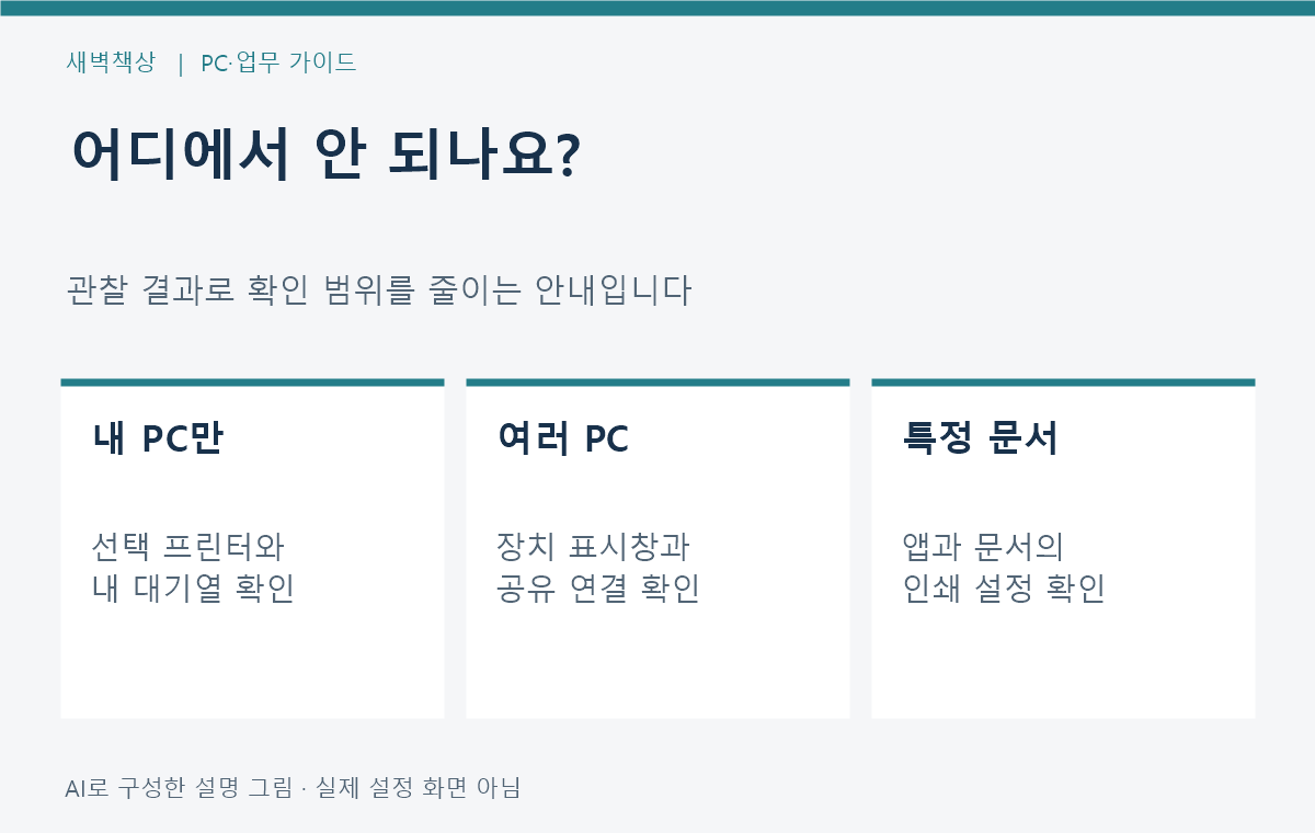 내 PC만, 여러 PC, 특정 문서에서 발생하는 인쇄 문제를 나누는 확인표