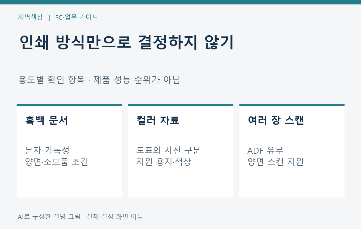 흑백 문서 컬러 보고서 사진 중심의 프린터 선택 조건