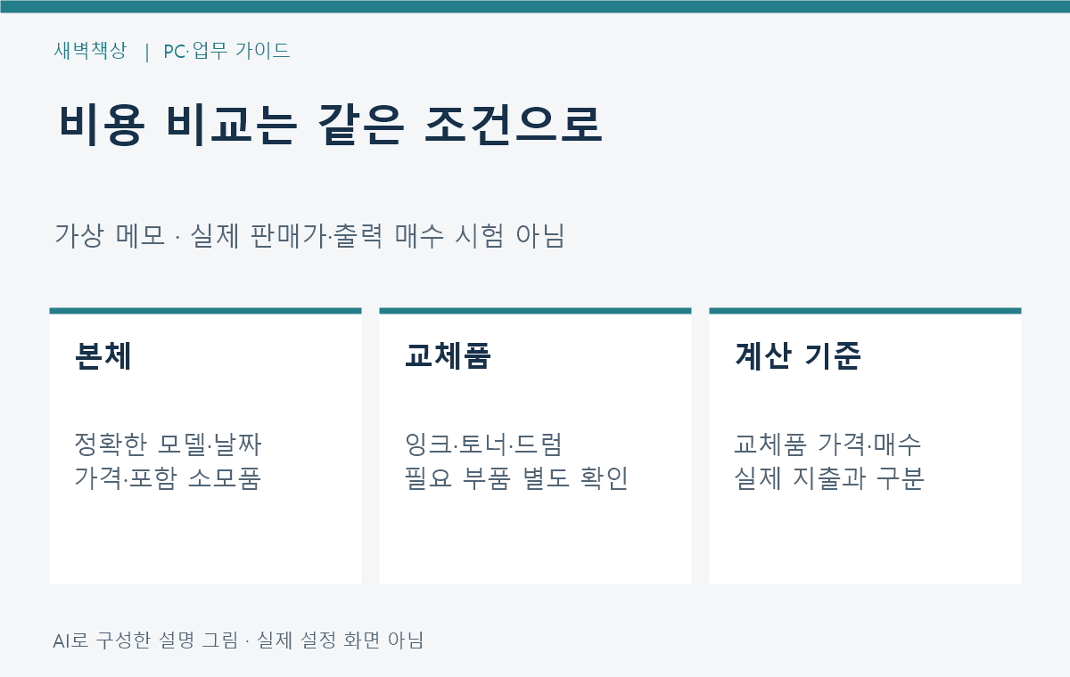 본체 가격 포함 소모품 교체품 공시 매수와 확인 날짜를 기록하는 가상 메모