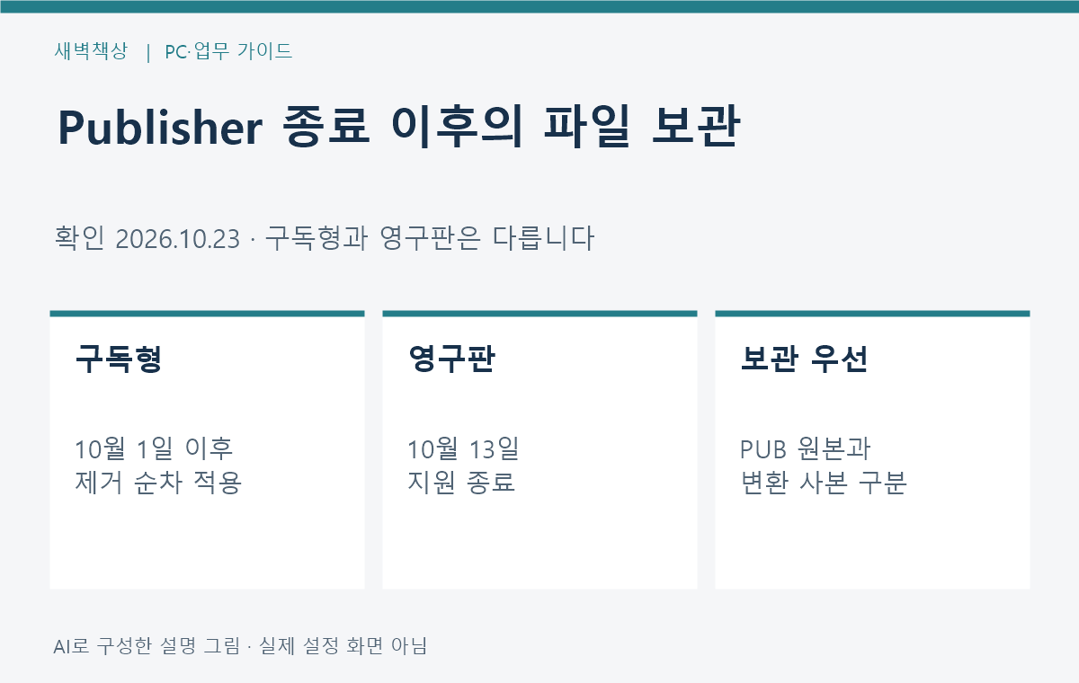Publisher 10월 종료 이후: 구독형·영구판과 PUB 파일 보관