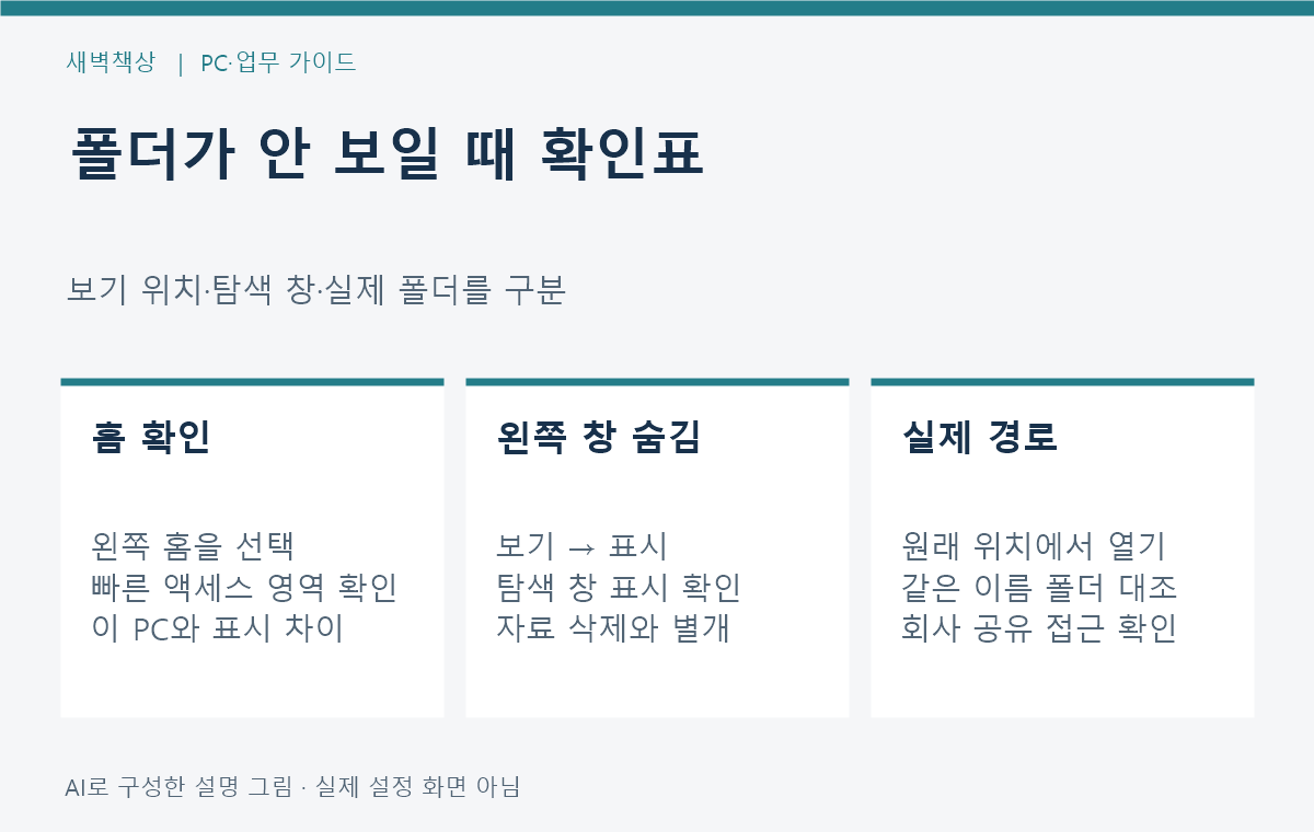 홈의 빠른 액세스, 왼쪽 탐색 창 표시, 실제 폴더 경로와 접근을 구분하는 확인표