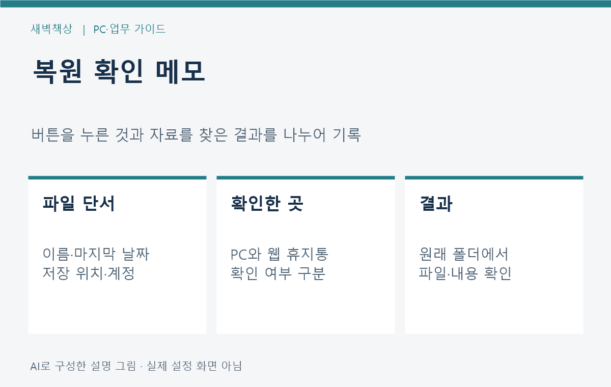 파일 이름과 마지막 위치 및 복원 결과를 적는 업무 메모