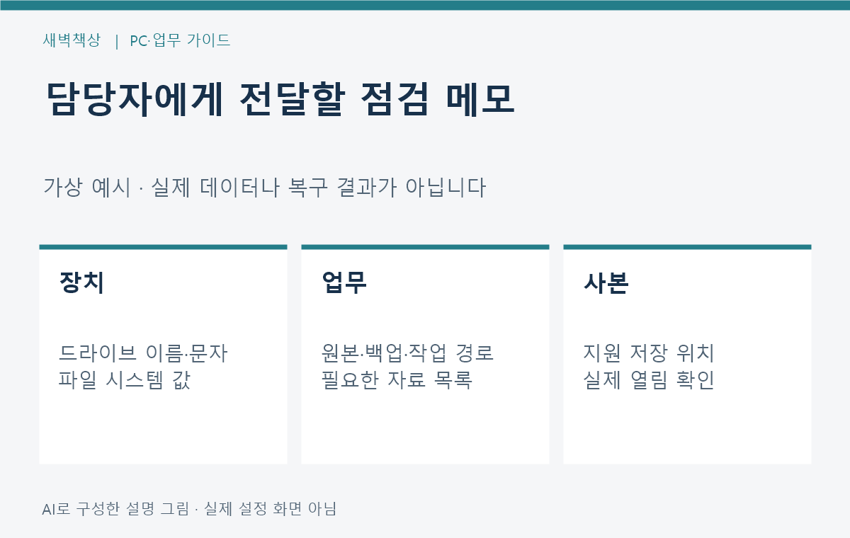 드라이브 이름, ReFS 여부, 업무 의존성과 다른 사본 위치를 적는 가상 점검 메모
