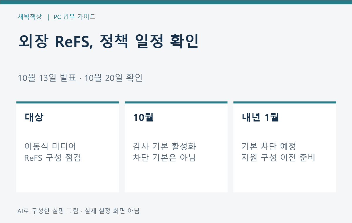 외장 ReFS 드라이브 정책 변경: 10월 감사·2027년 차단 준비