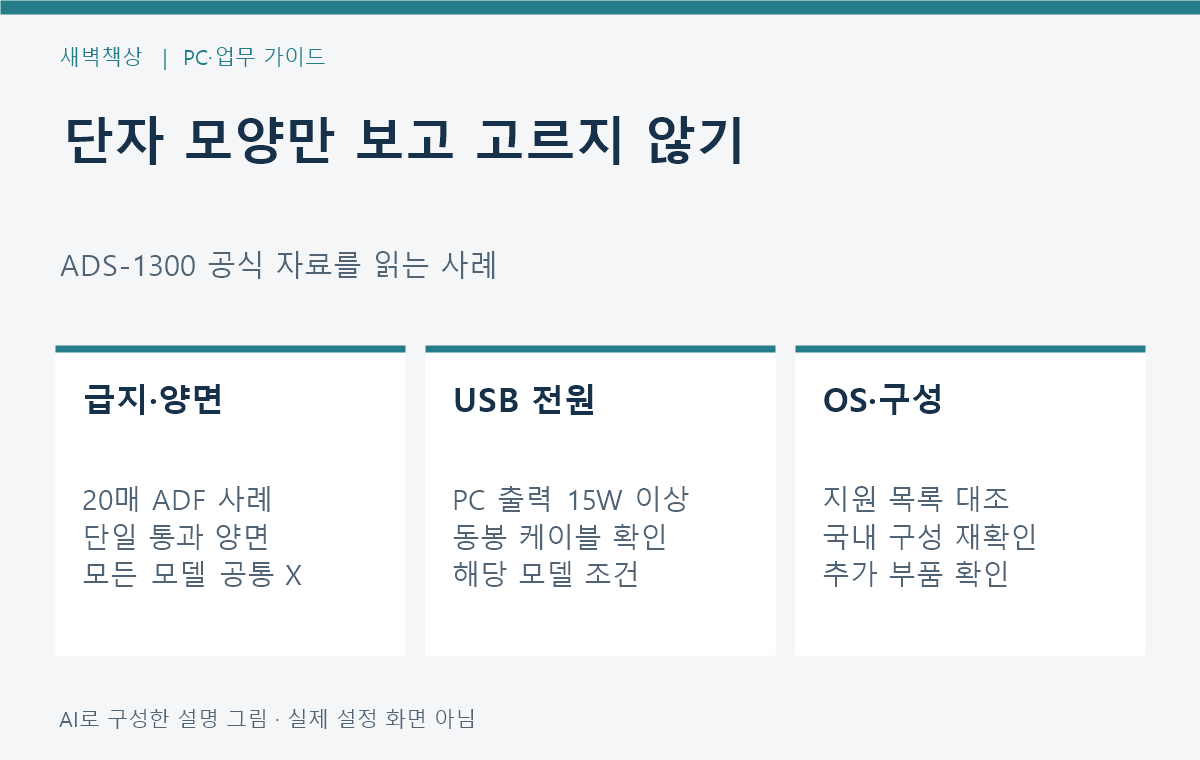 자동급지 용량, 양면 읽기 방식, USB 전원 출력을 별도 확인하는 설명 그림