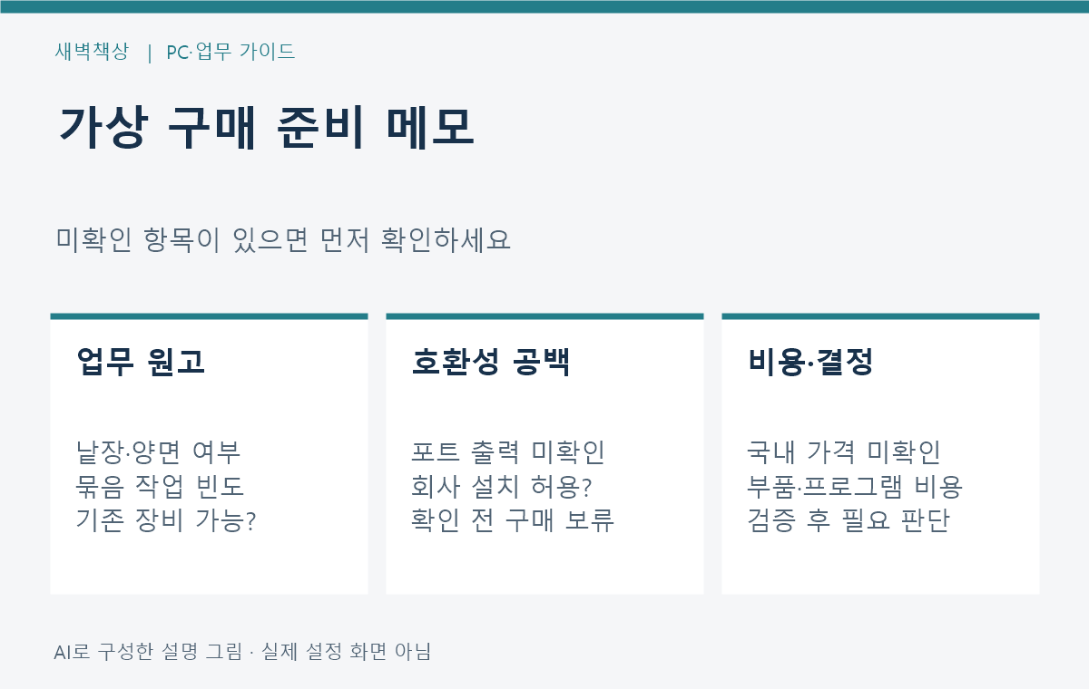 원고 종류, 후보 사양, 미확인 호환성과 총비용을 기록하는 가상 구매 메모