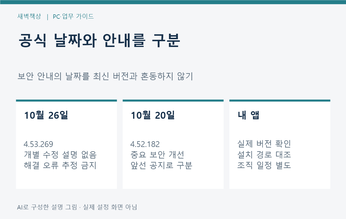 Slack 10월 26일 버전 공지와 10월 20일 보안 안내, 현재 설치 상태를 구분한 설명도