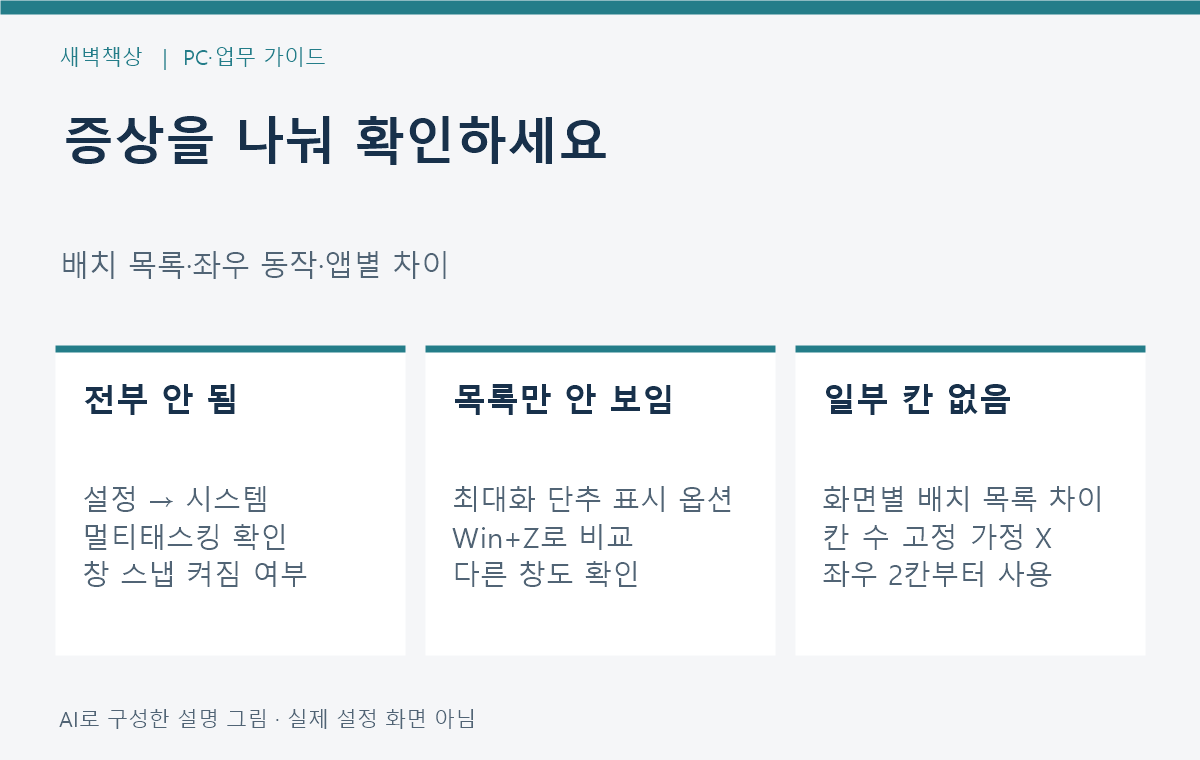 스냅 전체 불가·최대화 목록만 없음·일부 레이아웃 없음의 세 증상을 나누는 확인표