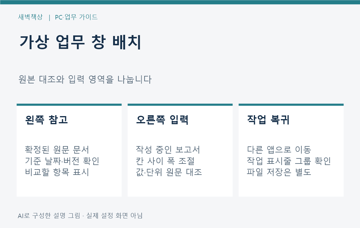 왼쪽 확정 원문과 오른쪽 작성 문서를 두고 날짜·값·단위를 대조하는 가상 창 배치