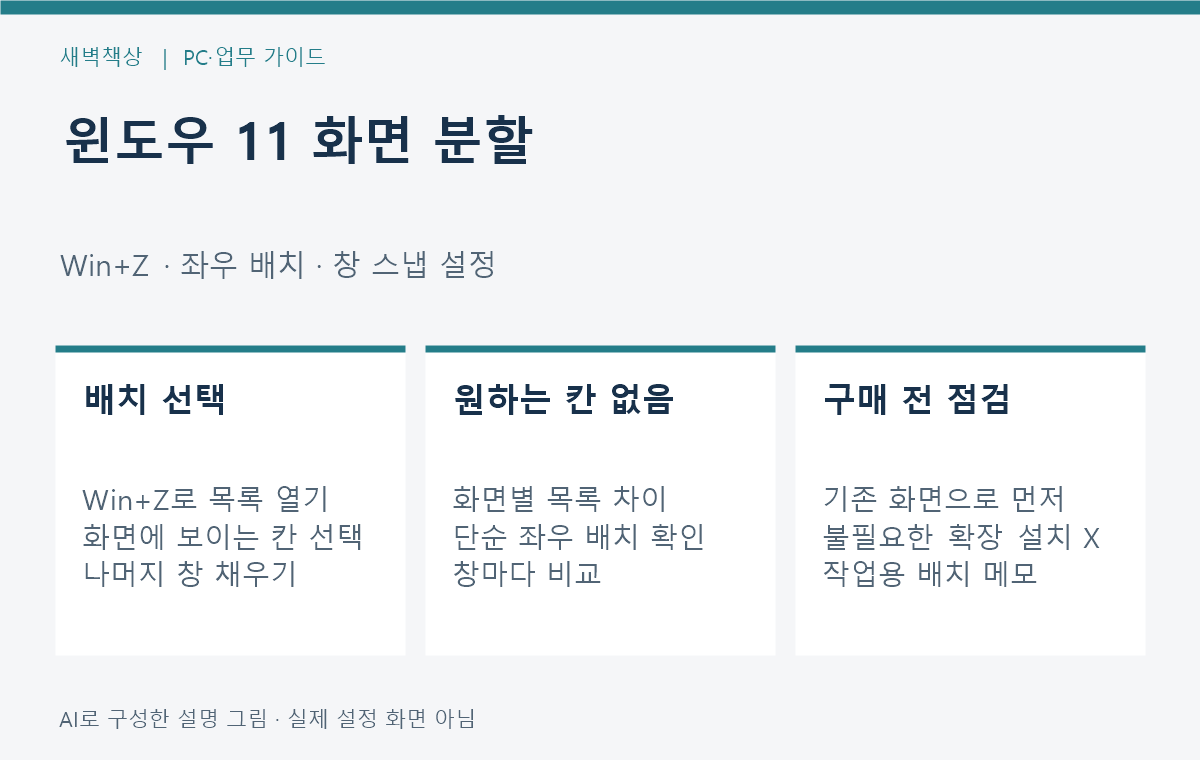 윈도우 11 화면 분할: Win+Z 배치와 창 스냅 점검
