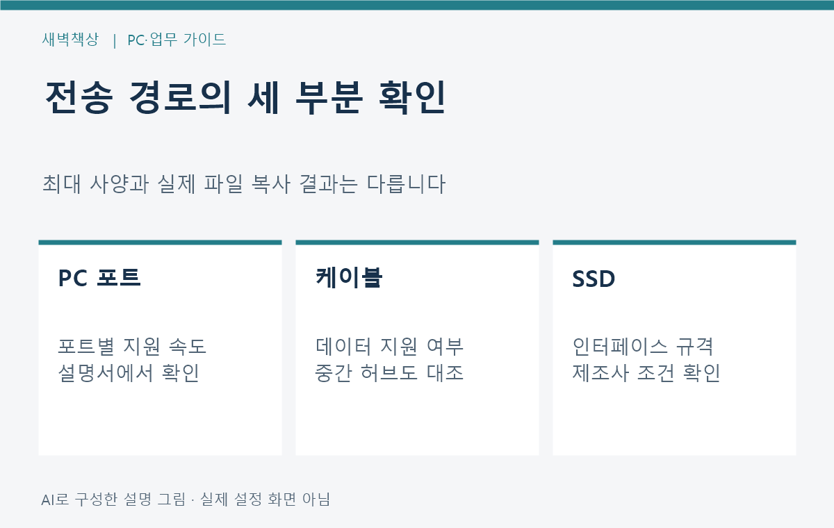 PC 포트와 케이블 및 SSD의 데이터 규격을 각각 확인하는 순서