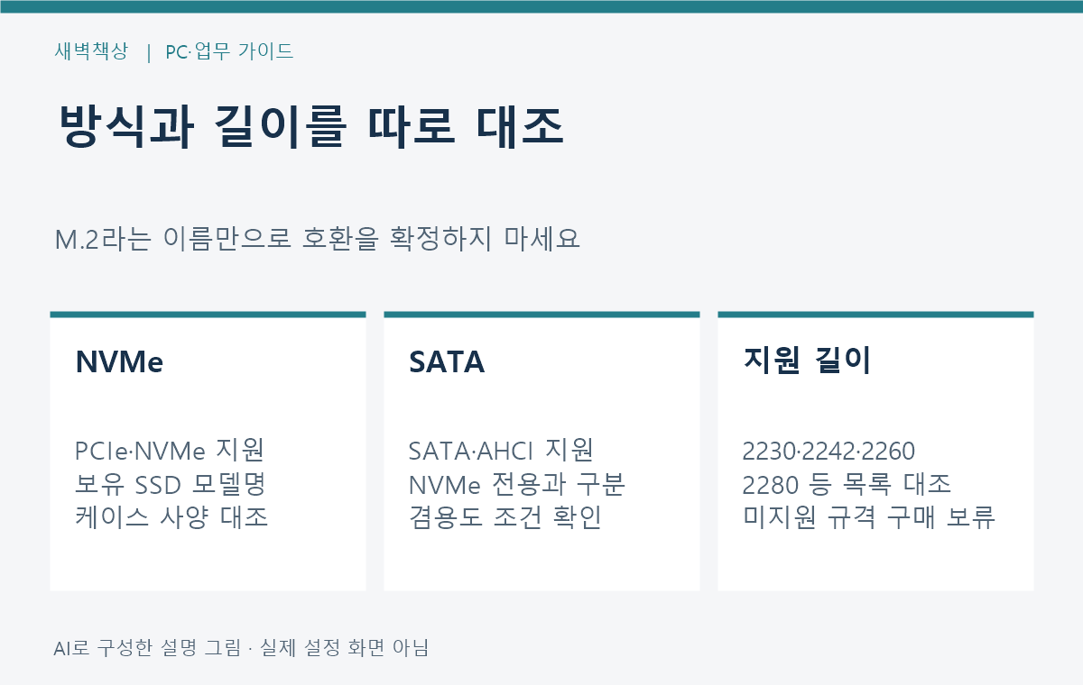 M.2 NVMe와 M.2 SATA 및 지원 길이를 대조하는 구매 조건표