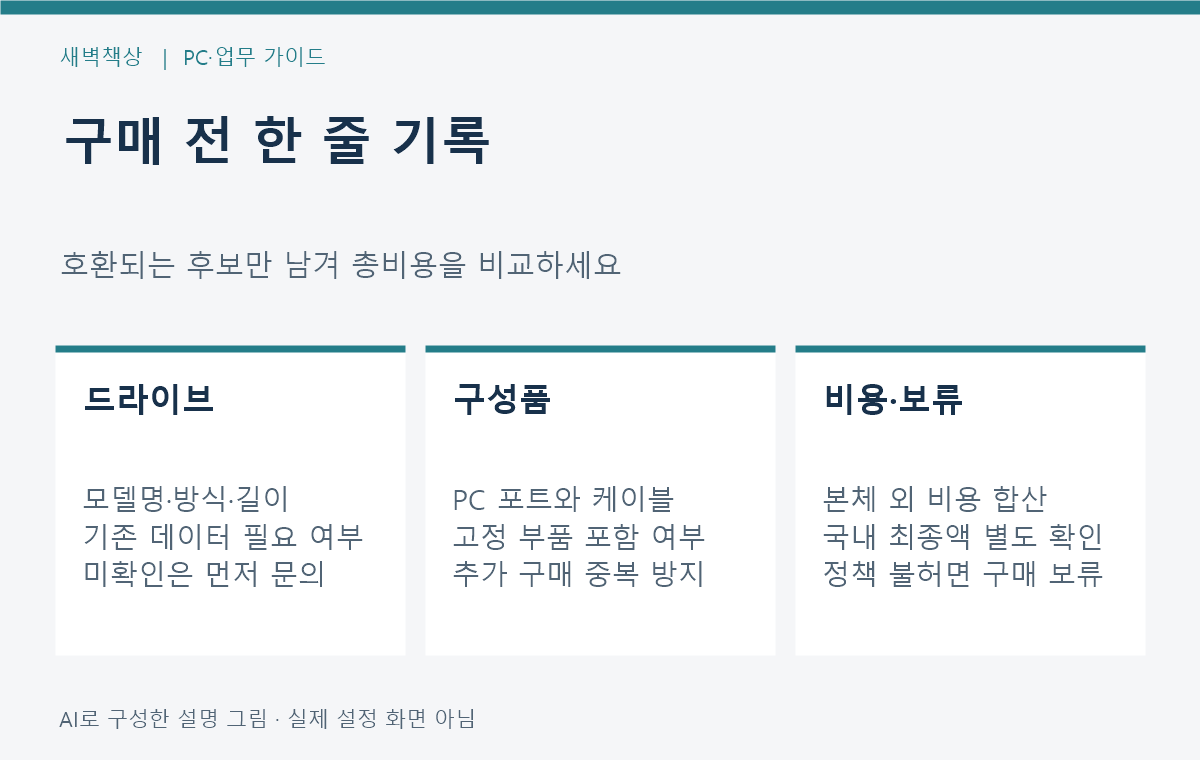 SSD 모델명 케이스 지원 규격 케이블과 전체 비용 기록 예시