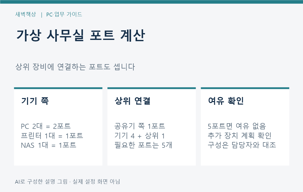 공유기 연결 1개와 PC 2대·프린터·NAS를 더해 총 5포트를 계산하는 가상 사무실 구성