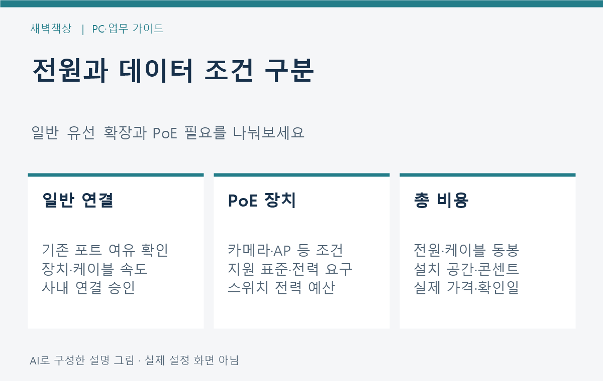 일반 데이터 연결 확장과 AP·카메라의 PoE 전원 공급 조건을 구분하는 구매 점검표