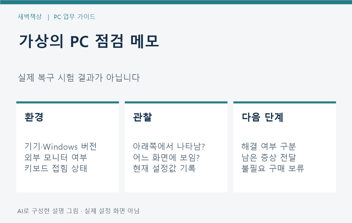 화면 구성, 포인터 이동 결과, 설정값과 남은 증상을 나누어 기록하는 가상 메모