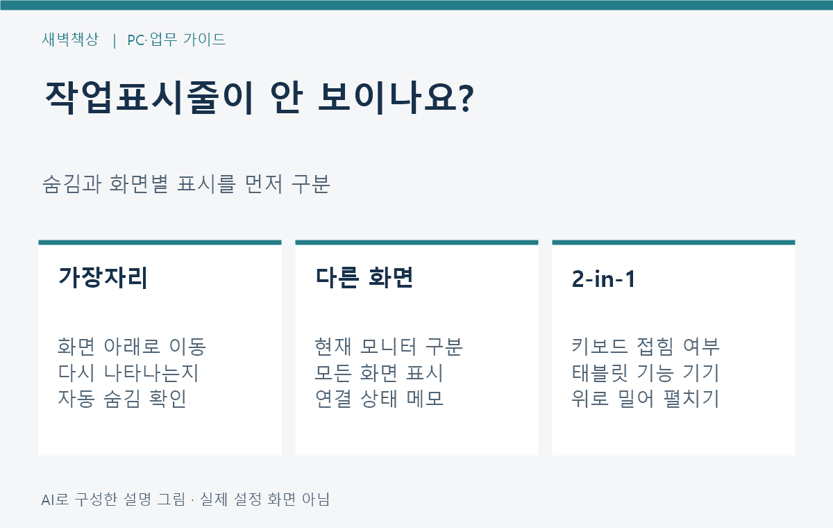 윈도우 11 작업표시줄 사라짐: 자동 숨김·다중 화면 확인