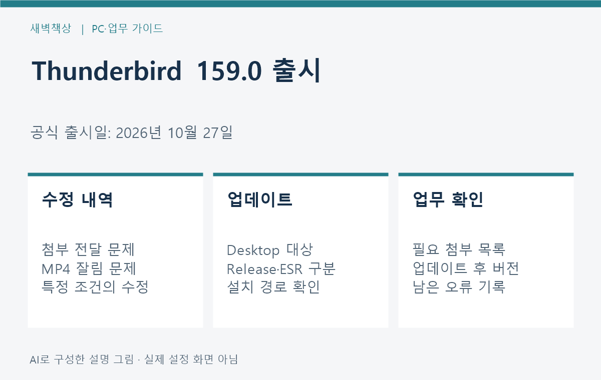 Thunderbird 159.0 출시: 첨부파일 전달 수정과 채널 확인 — 핵심 점검 요약