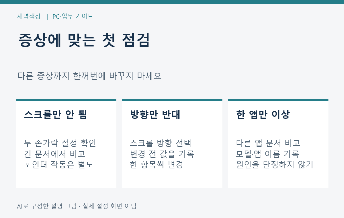 스크롤만 안 됨 방향만 반대 특정 앱만 이상함을 나눈 진단표