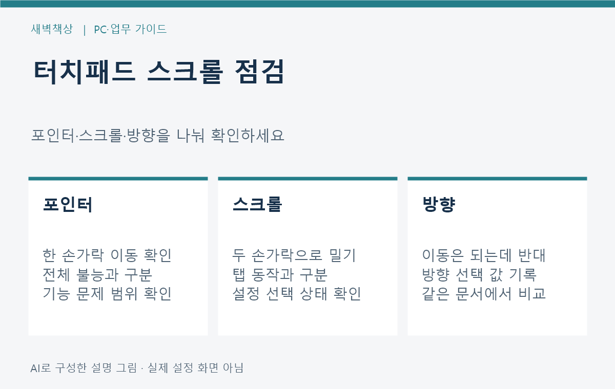 터치패드 포인터 이동과 두 손가락 스크롤 및 방향 반대를 구분하는 점검 기준