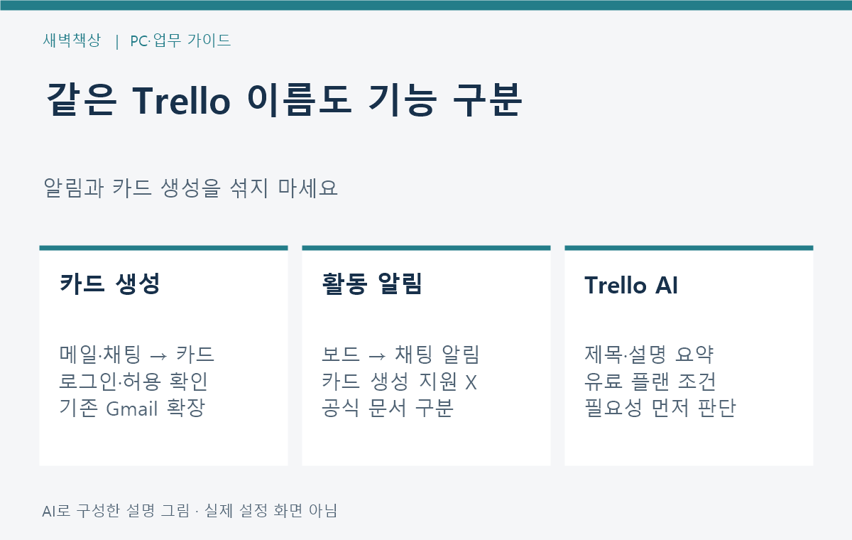 카드 생성 앱, 기존 알림 연동, 유료 AI 기능을 나누어 확인하는 그림