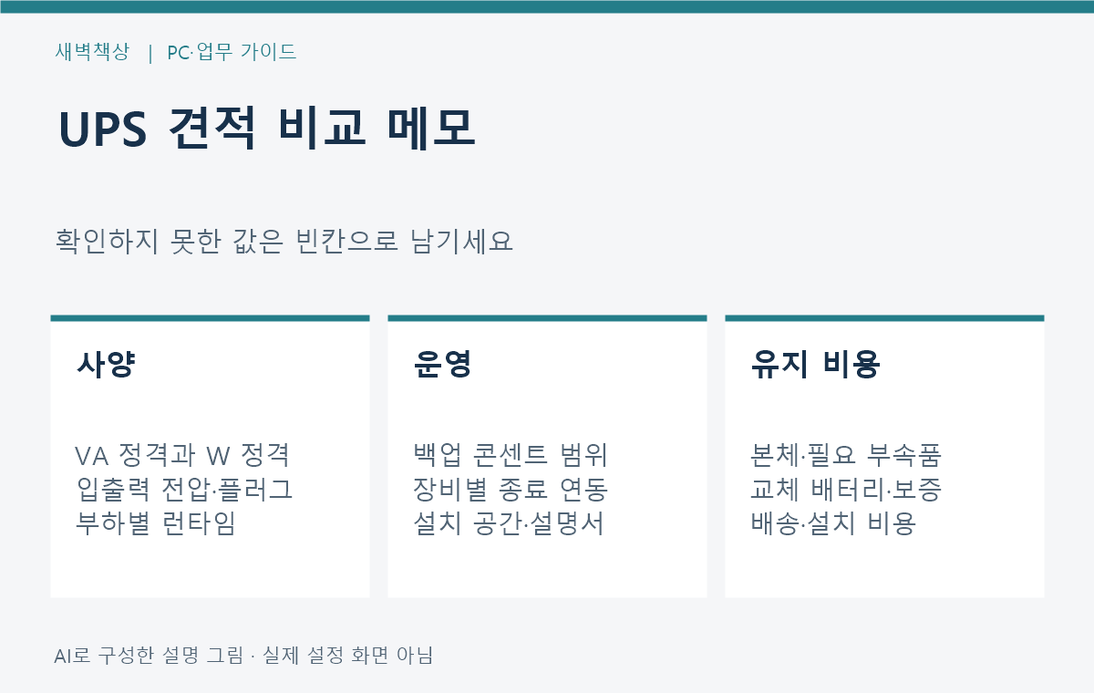 UPS 후보별 VA W 런타임 백업 콘센트 교체 비용을 확인하는 가상 구매 메모
