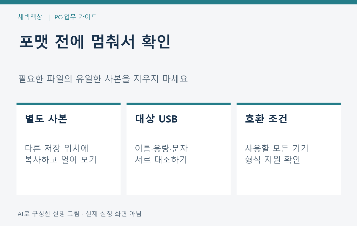 별도 사본 열기, 대상 USB 대조, 사용 기기 지원 확인을 마친 뒤 변경을 판단