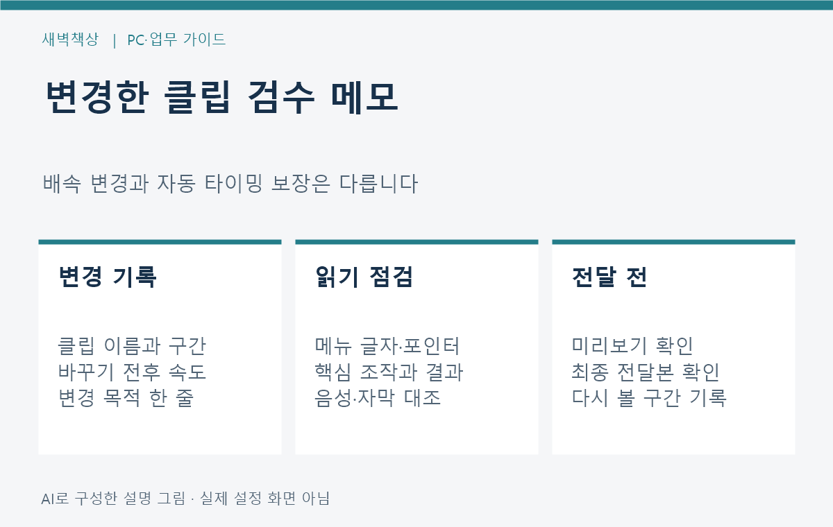속도를 바꾼 클립의 화면 글자 포인터 음성 자막 및 최종 전달본을 검수하는 가상 메모
