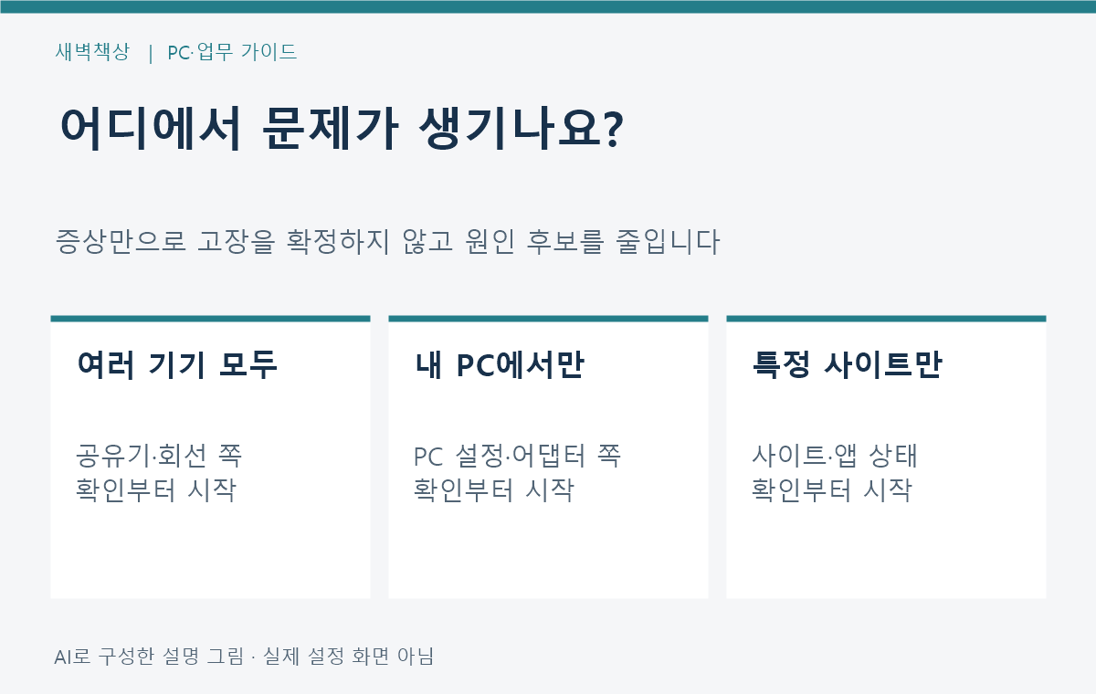 여러 기기, 내 PC, 특정 사이트에서만 생기는 문제를 나눈 비교 그림