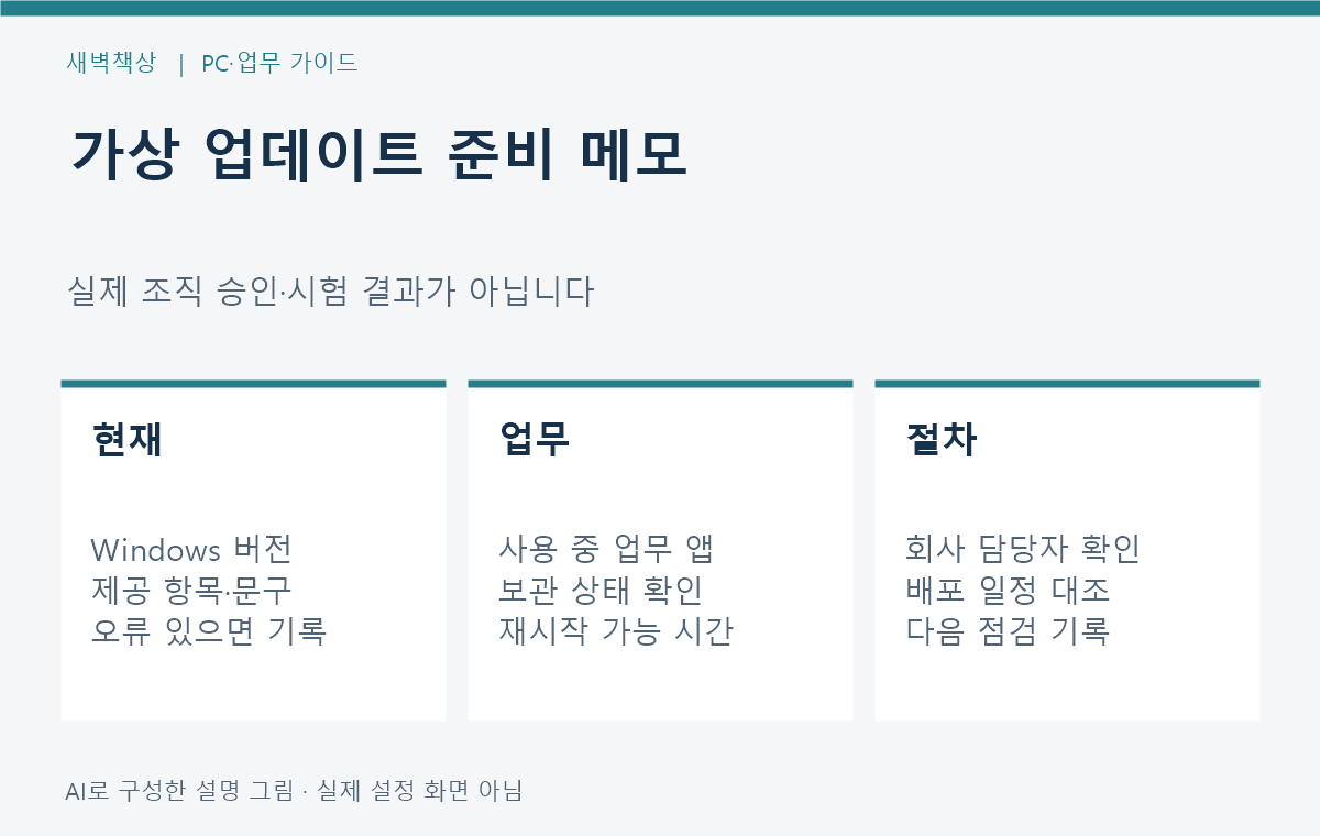 현재 버전과 제공 문구, 업무 앱 및 담당자 확인을 적는 가상 업데이트 준비 메모