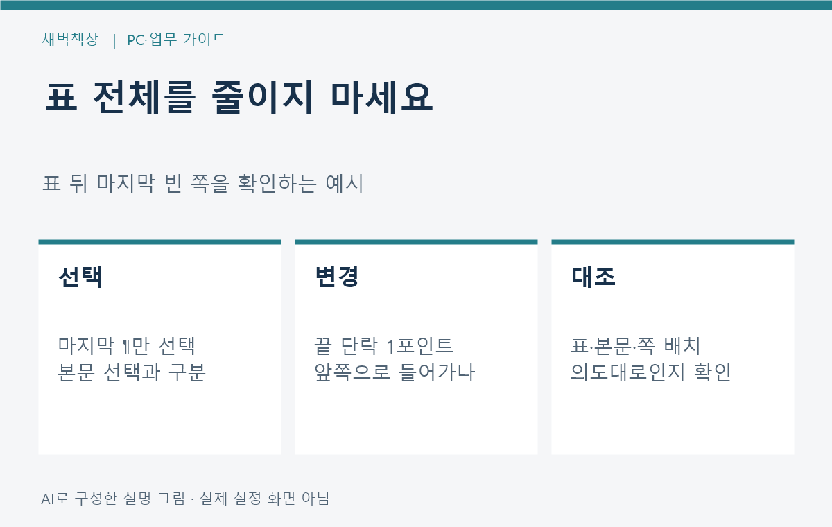 표 뒤 끝 단락과 수동 페이지 나누기를 다르게 점검하는 설명 그림