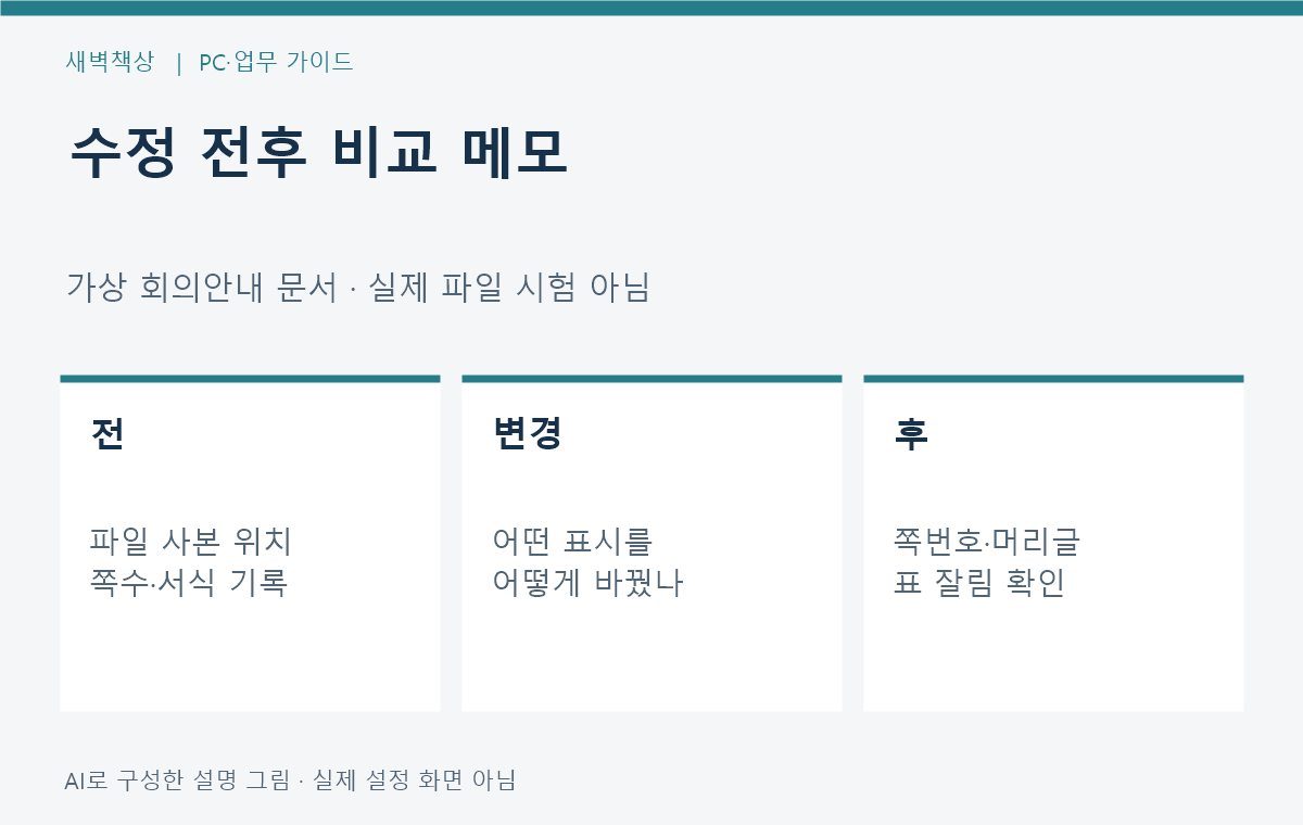 가상 문서의 수정 전후 쪽수와 서식을 기록하는 메모
