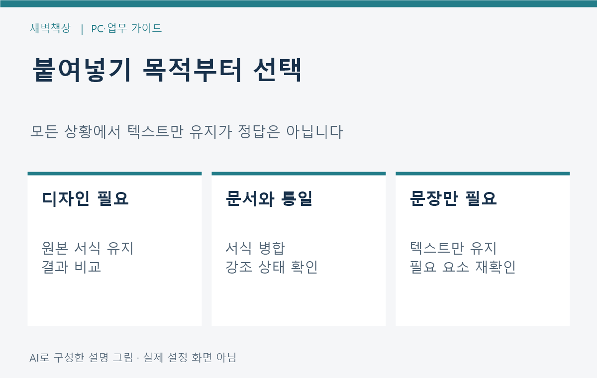 붙여넣기 목적에 따라 서식 옵션을 선택하는 비교표
