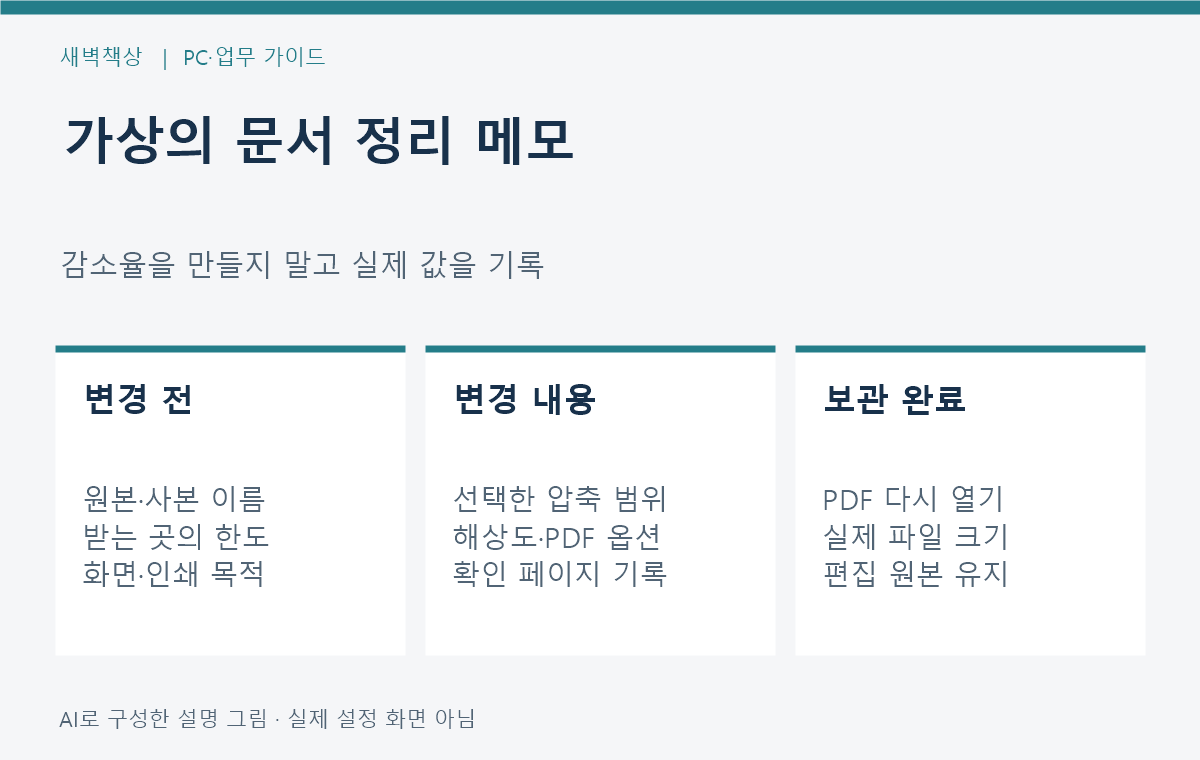 사본 이름, 바꾼 옵션, PDF 가독성과 파일 크기를 적는 가상 검수 메모