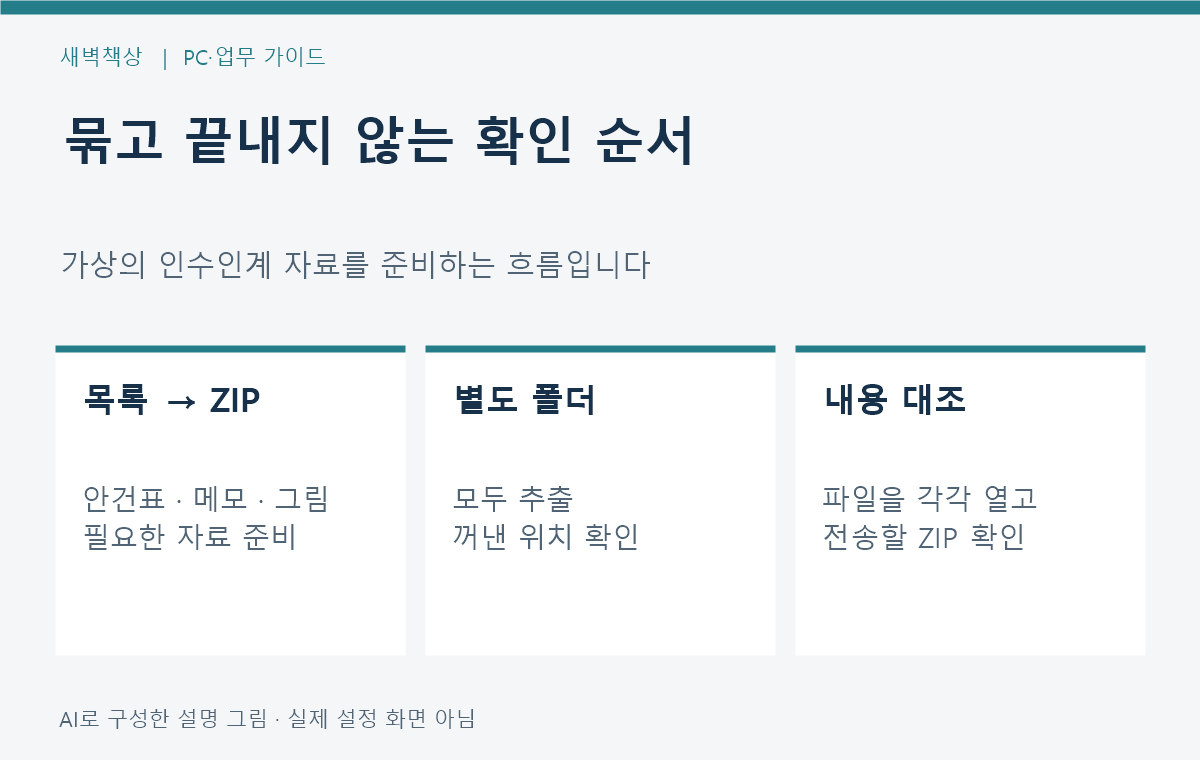파일 목록 준비 ZIP 생성 별도 폴더 추출 내용 확인의 순서